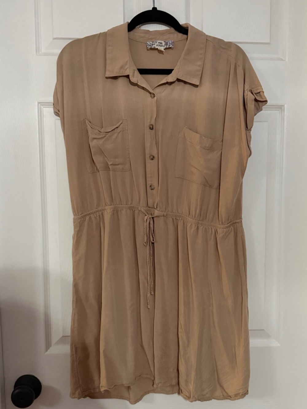 Button-Front Drawstring Shirt Dress in Beige Size 2XL fits L/XL